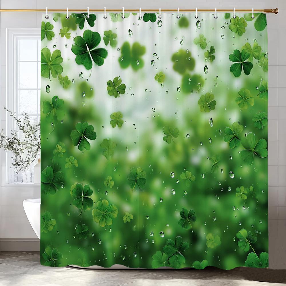 Green Leaves, Lucky Grass Clover Pattern Shower Curtain, Bathroom Decorative Shower Curtain, Home Curtain With Hooks