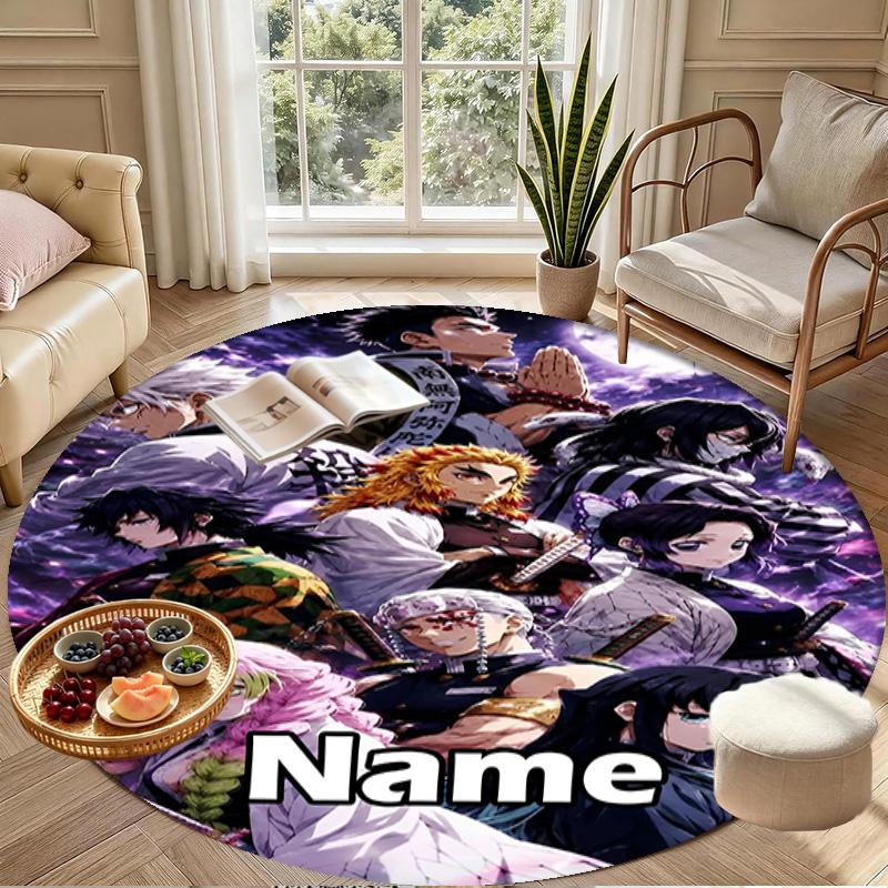 Custom Name Personalized Demon Slayer Print Round Rug, Versatile Home Decor Carpet, for Playroom, Apartment, Balcony, Entryway, Hallway Gift