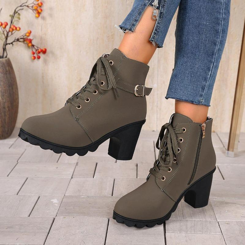 Women's Wide Width Round Toe Ankle Boots - Lace-Up High Heel Martin Boots for Fall/Winter, Fashion Casual Boots