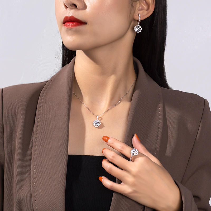 Women Wedding Jewellery Designs Sterling Silver S925 Square Main Diamond Zircon Earring Necklace Dubai Jewelry Sets