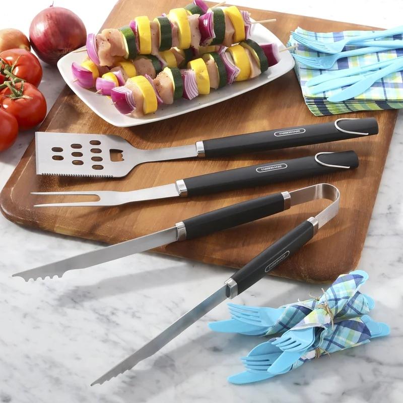 Professional 3 Piece BBQ Tool Set Stainless Steel Turners Tongs Meat Fork Kitchen Grilling Accessories Dishwasher Safe