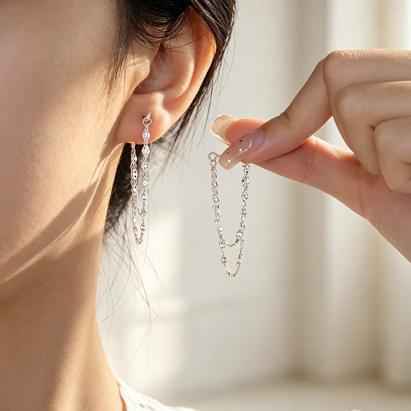 Lipstick Chain Tassel Front And Back Wearing 925 Sterling Silver Jewelry Double-layer Earrings 3486