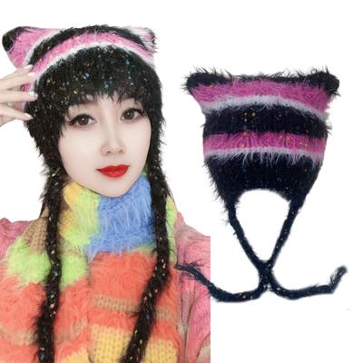 Lustige Katzenohrenmütze Unisex Kostümhüte Geschenk Warm Weich Gehäkelte Beanie Weihnachten Neujahr Warm Weich Skull Mütze