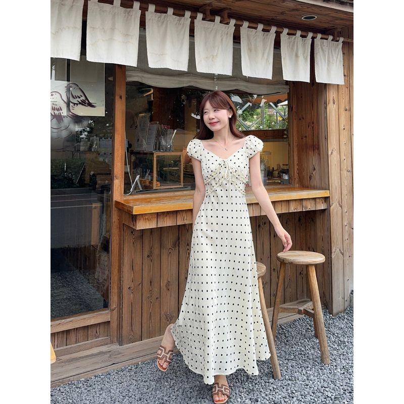 French Gentle Polka Dot Puff Sleeve Dress Women's Summer Tight Waist Elegant Slimming A- Line Skirt Vacation Style Long Dress