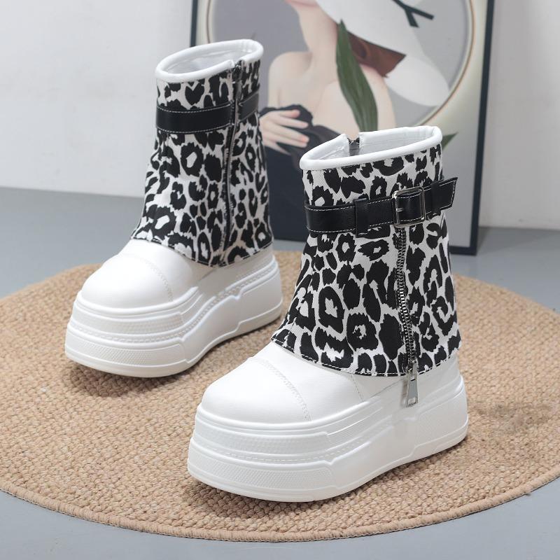 Fashion Shoes for Women New Mid-Calf Boots 10CM High Platform Modern Boots Belt Buckle Punk Shoes Female Zip Leather Motorcycle Boots
