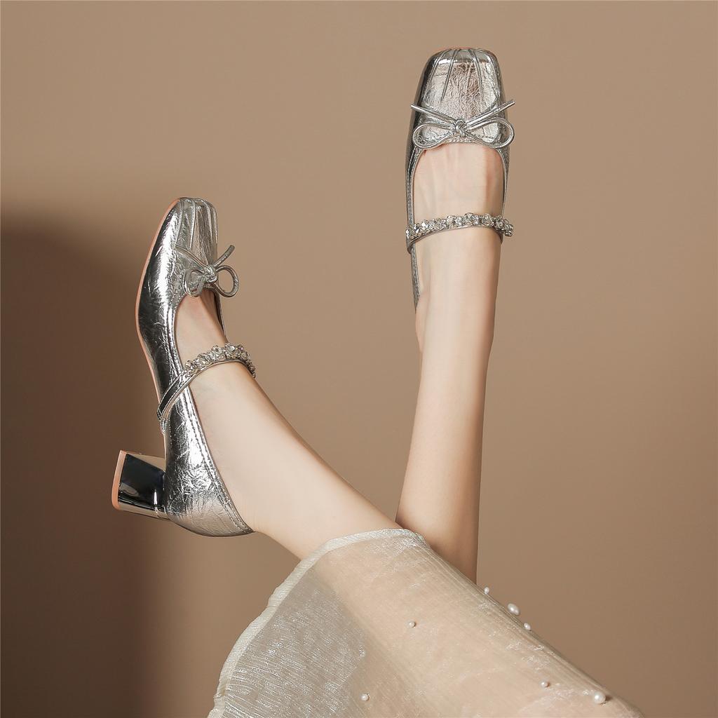 Bow word with rhinestone ballet shoes Mary Jane women's shoes small fragrant style thick heel high heels women's high sense