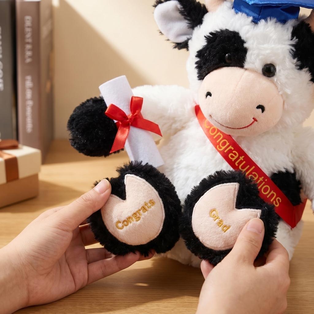 Plush Graduation Cow Toy Soft Stuffed Animal with Graduation Cap and Sash Holding Diploma for Graduation Celebration Gift