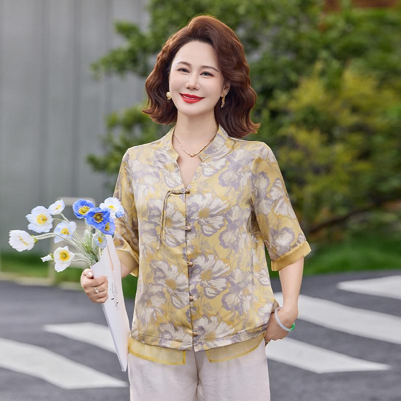 

Young Mom Casual Printed Mid-Sleeve Loose-Fit Shirt for Middle-Aged and Elderly Women 3XL (suggested for 120-135 jin) жовтий