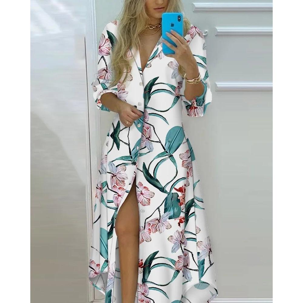 Frühling Herbst Sexy Polokragen-Shirtkleid Damen Langarm Retro-Stil Personalisiertes Druckkleid Lässiges Shirtkleid