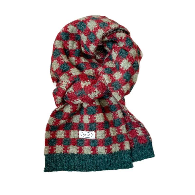 Womens Winter Knitted Scarf Korean Style Retro Plaid Warm Long Neck Wrap Wool Blend