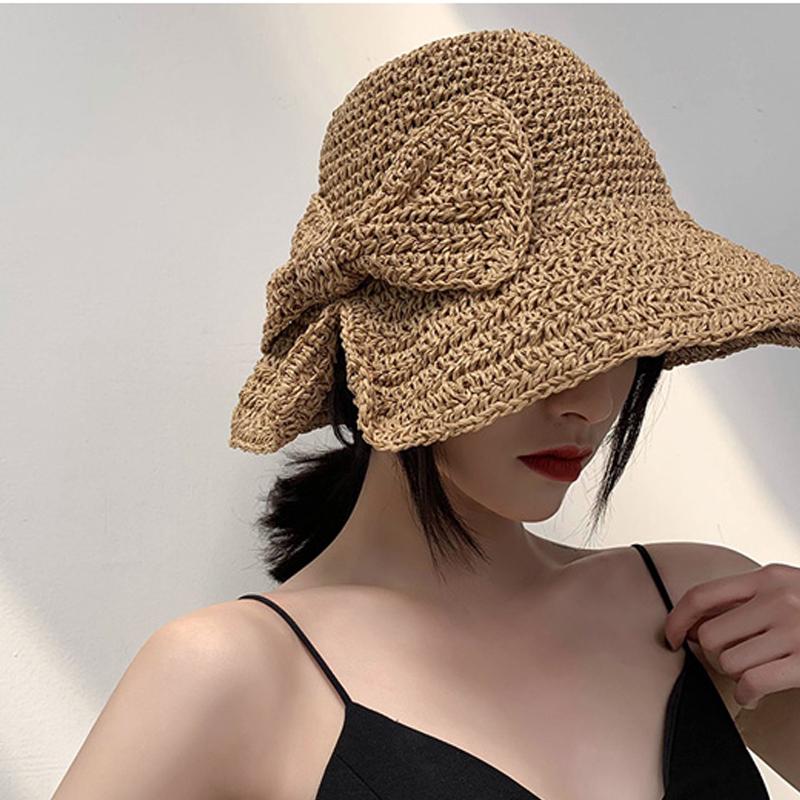 Women's Foldable Japanese Straw Sun Hat with Bow - Casual Summer Bucket/Fisherman Style for Travel & Sun Protection