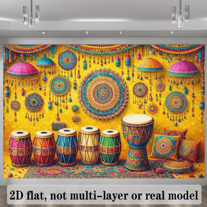 2D Vibrant Indian Folk Photography Background with Tabla Drums & Decor