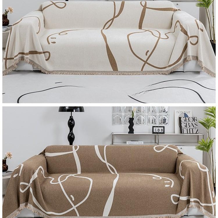 Simple Black Line Geometric Chenille Sofa Blanket Cover Dust-Proof Cloth for All Seasons Double-Sided Home Decor