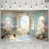 Enchanted Blue Window Floral Backdrop Romantic Garden Door Cloudy Sky Party Background