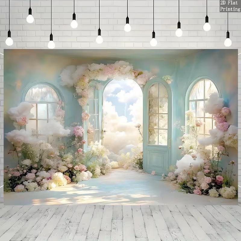 Enchanted Blue Window Floral Backdrop Romantic Garden Door Cloudy Sky Party Background