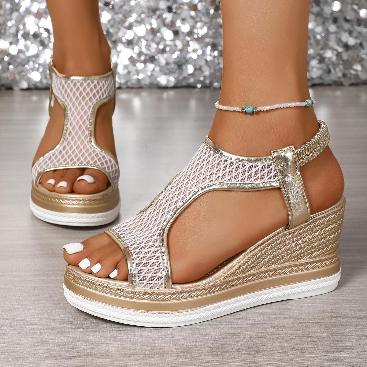 

European and American sandals women s shoes are versatile and comfortable in summer. Casual mesh women s shoes have thick soles and wedge heels. Larg 36