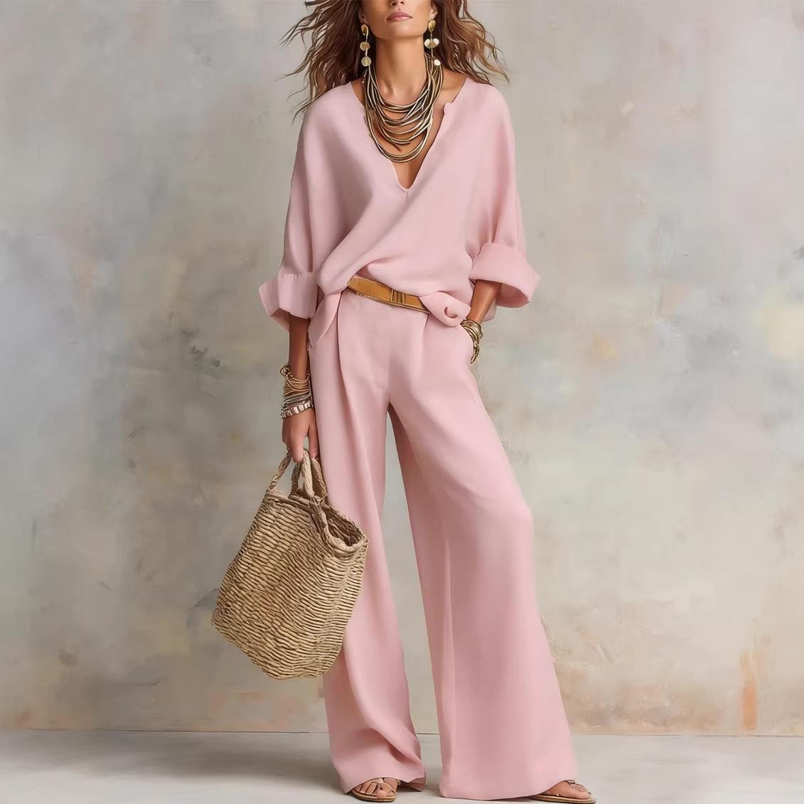 

Women s V-Neck Long Sleeve Top and Wide Leg Pants Set in Beige XXXL рожевий
