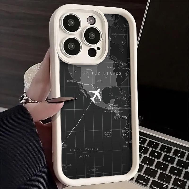 Monochrome Weltkarte Reise Flugzeugroute Kunst Handyhülle für iPhone 17 16 15 14 13 12 11 Serie Pro Max