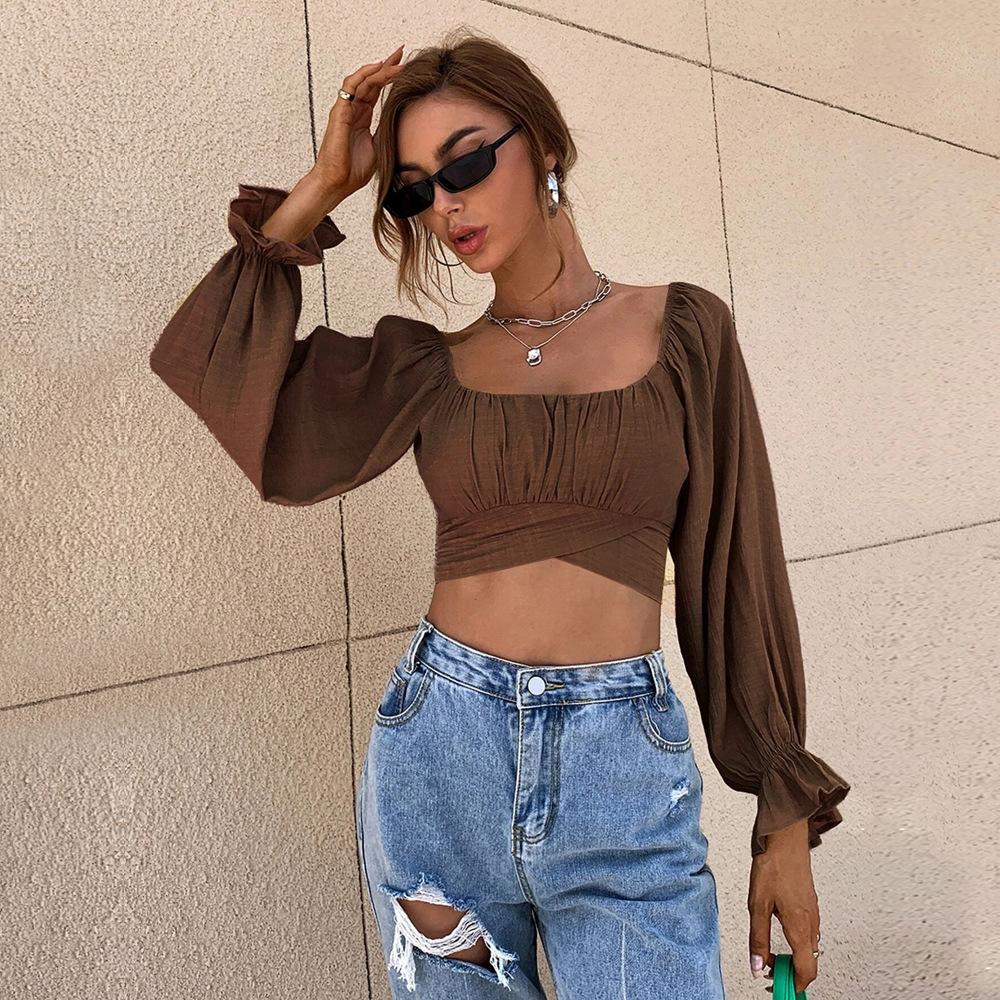 Spring and summer European and American sexy temperament straps slim square collar ultra-short long-sleeved women's shirt top women