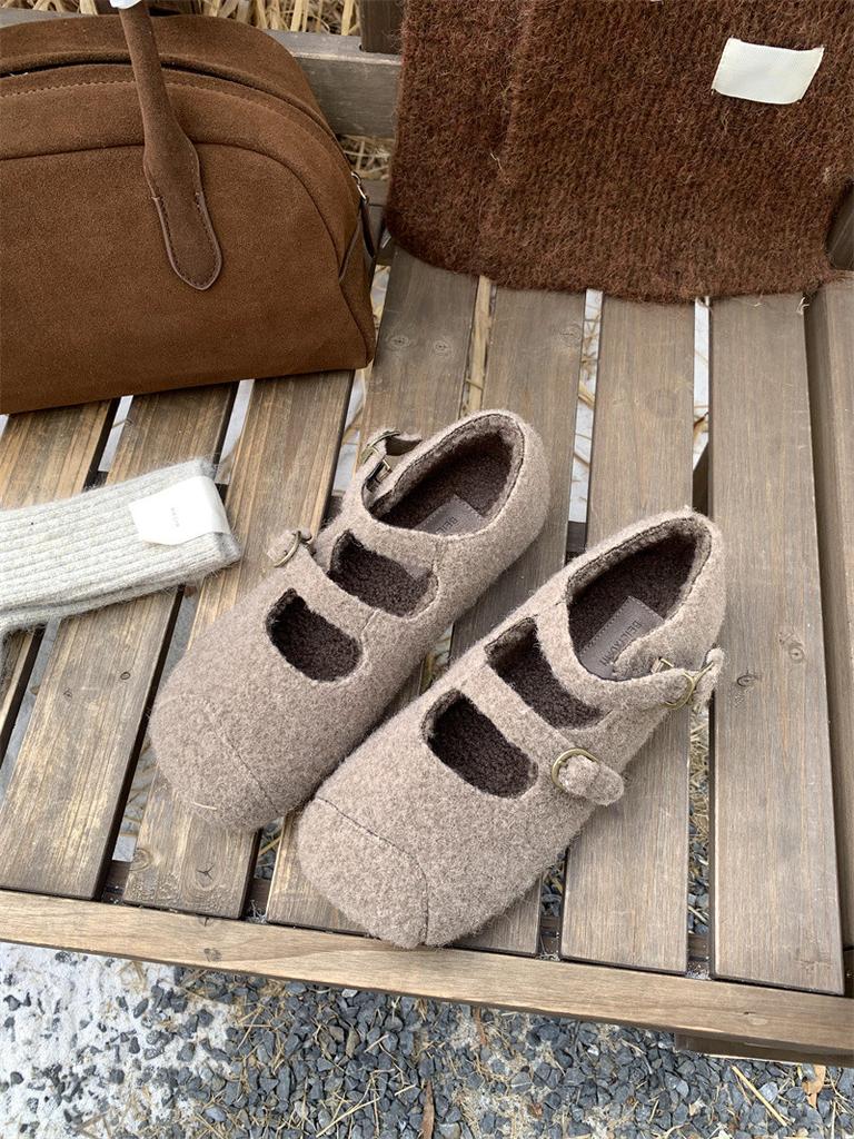 Fashion IPPEUM Women Mary Janes Shoes Winter Ballet Flats Plush Buckle Ballerinas Zapatos Mujer