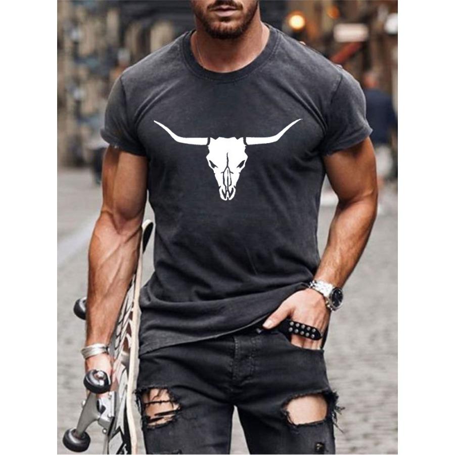 Men's Short Sleeve Bullhead Printed Crew Neck Breathable Fast Dry Sports Fashion T-Shirt