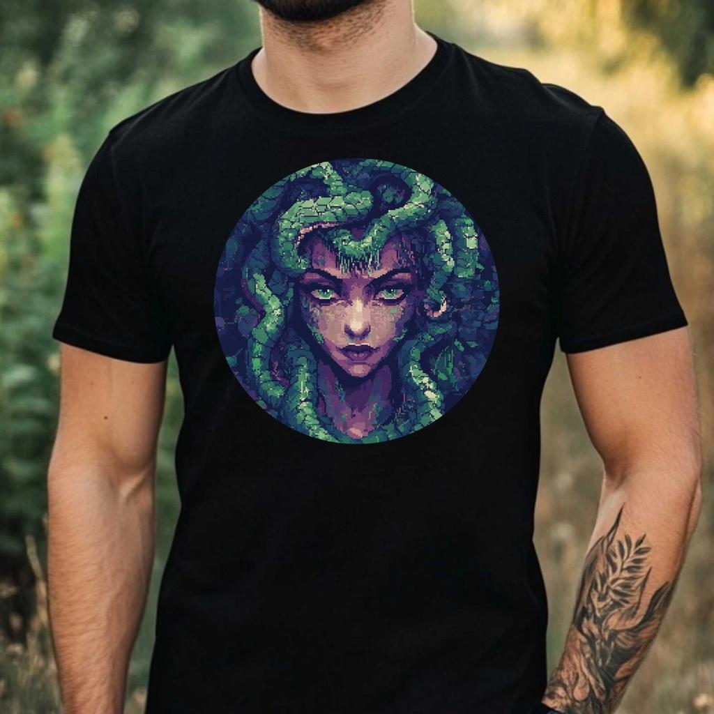 T-Shirt Herren Medusa Pixel Art Motiv Baumwolle Größe XS bis 5XL