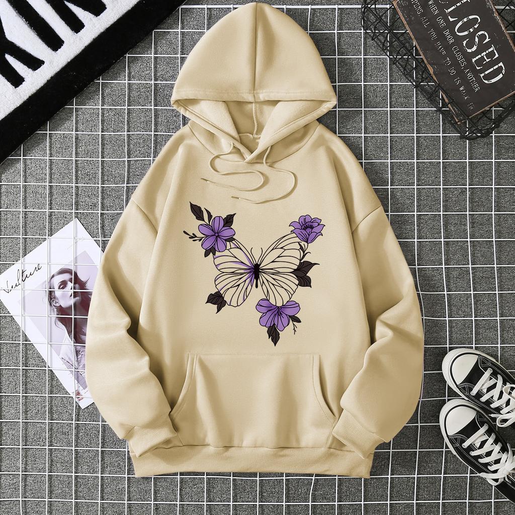 European and American Basic Butterfly Printing Casual Hooded Sweater Women's Autumn and Winter with the Same Versatile Loose Top