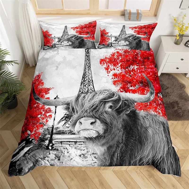 Highland Cow Bedding Set Polyester Bull Cattle Flowers Quilt Cover Western Wild Animal Duvet Cover Farmhouse Cow Bedspread Cover