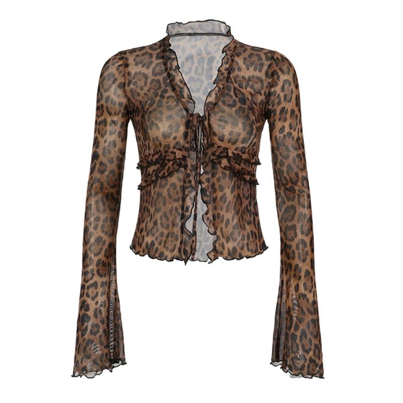 Leopard Print Laces Up Blouse Shirt Semi Sheer Mesh Crop Top Long Sleeve Ruffle Cardigan Top Goings Out Tops for Womens M коричневый