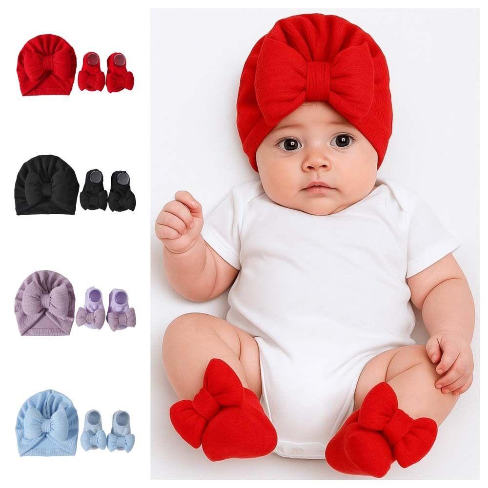 Cotton Knit Baby Hat Socks Set 0-12 Months Newborn Turban Hat Baby Bow Fetal Cap Home/Outdoor