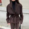 Autumn and winter Maillard retro suede waist short jacket Korean high-end light and familiar windproof leather jacket women