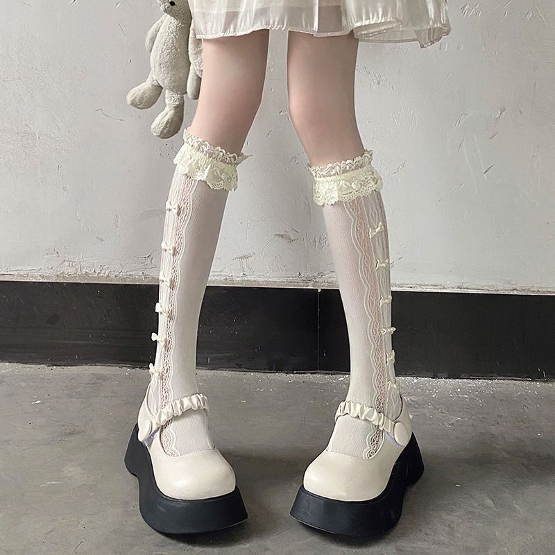 Japanese-style Lace Summer-Autumn Thin Bowknot Knee-High JK Socks with Ruffled Trim