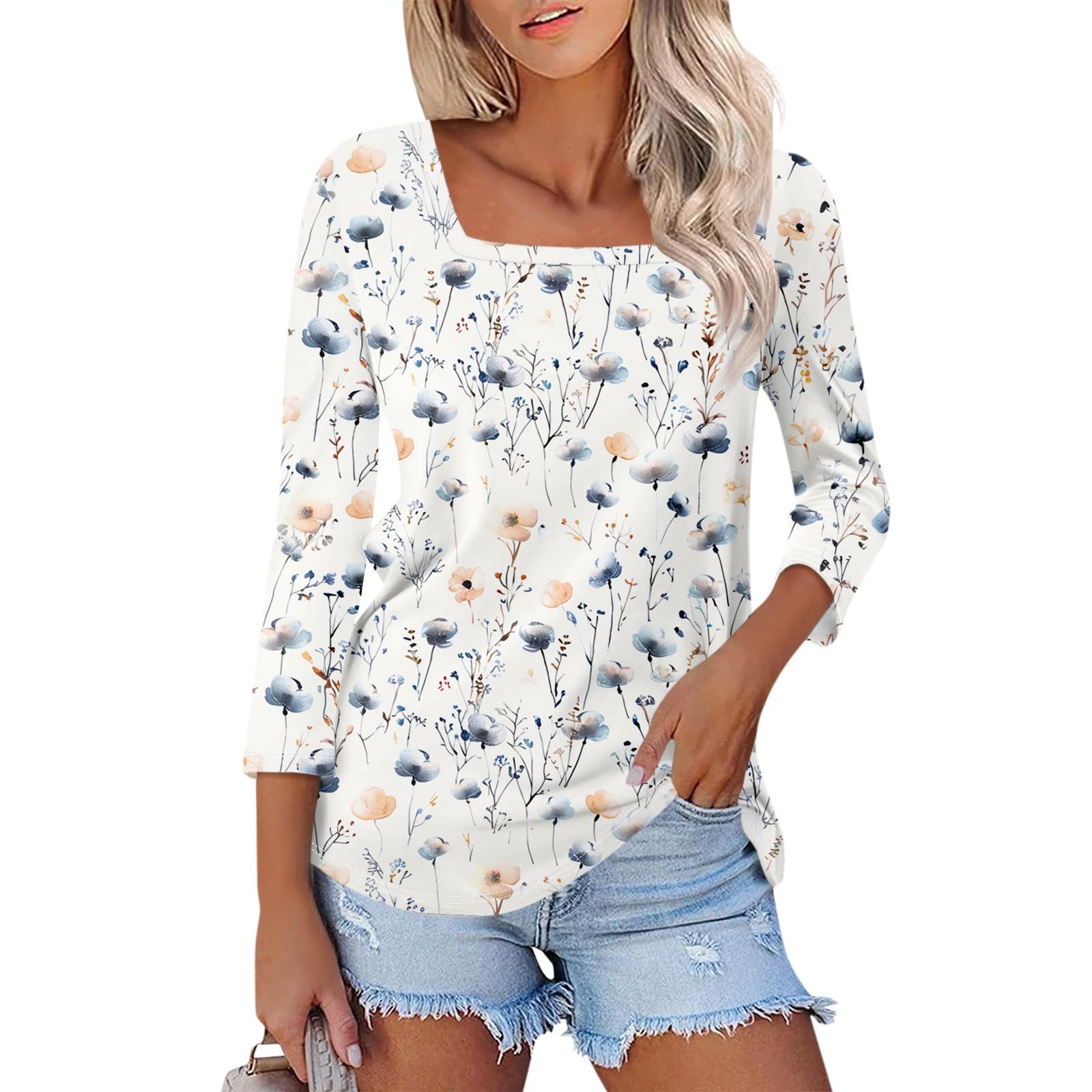 

Women s 3/4 Sleeve Square Neck Floral Shirt Casual Loose Tunic Top L бежевий