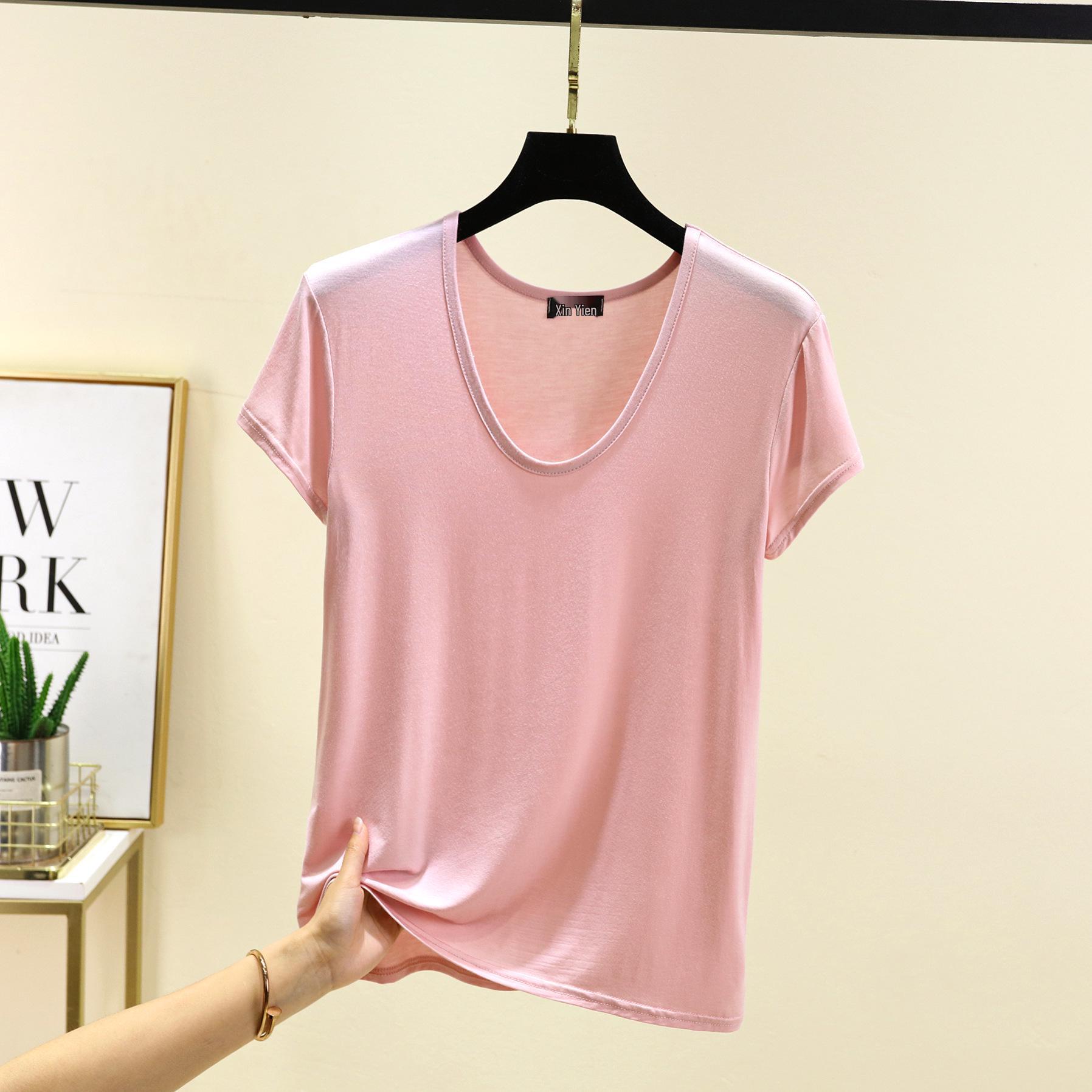 

Женская летняя футболка из модала с коротким рукавом и овальным вырезом - Однотонная, Повседневная, Свободная, Приталенная, Универсальный топ 6XL