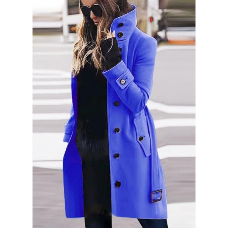 Women Autumn Winter Large Size Stand Collar Multi Button Single Breasted Woolen Coat