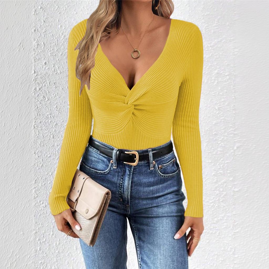 Women V Neck Twist Knot Knit Sweater Long Sleeve Slim Fit Casual Pullover Top Stretchy Soft Fabric