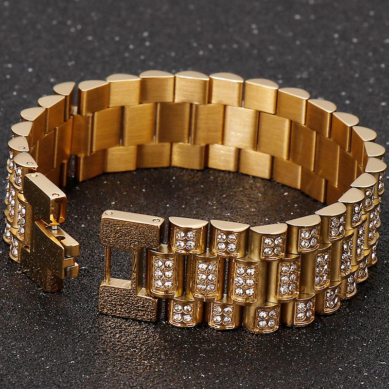 Hiphop 18MM szeroki pasek zegarka łańcuch na rękę bransoletka dla mężczyzn złoty kolor stal nierdzewna biżuteria charm bransoletki dla kobiet panie