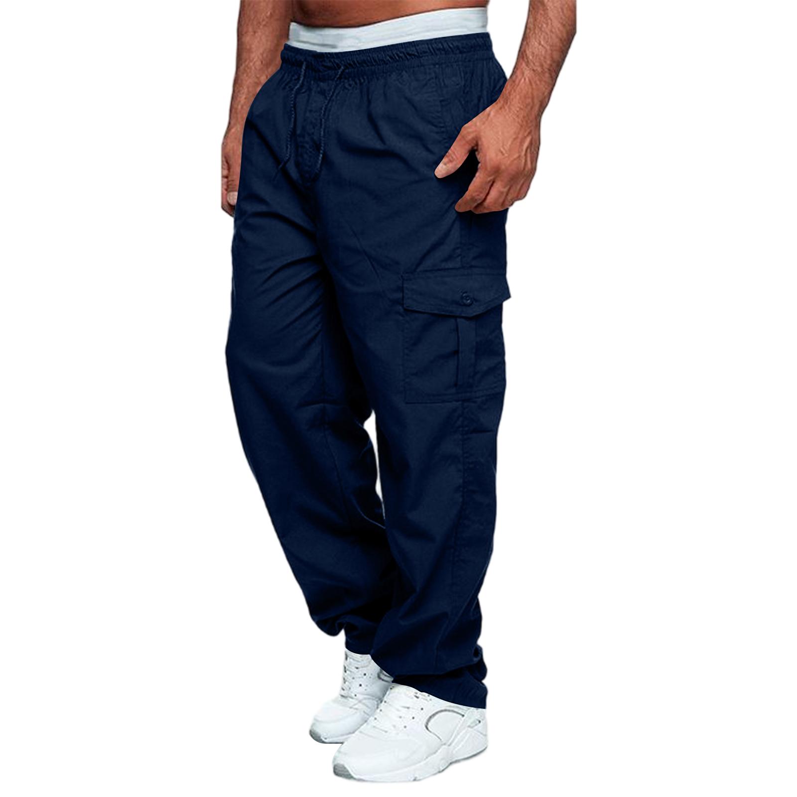 

Men s Casual Multi Pocket Loose Fit Straight Leg Cargo Pants Outdoor Work Trousers Gym Fitness Bottoms M Темно-синій