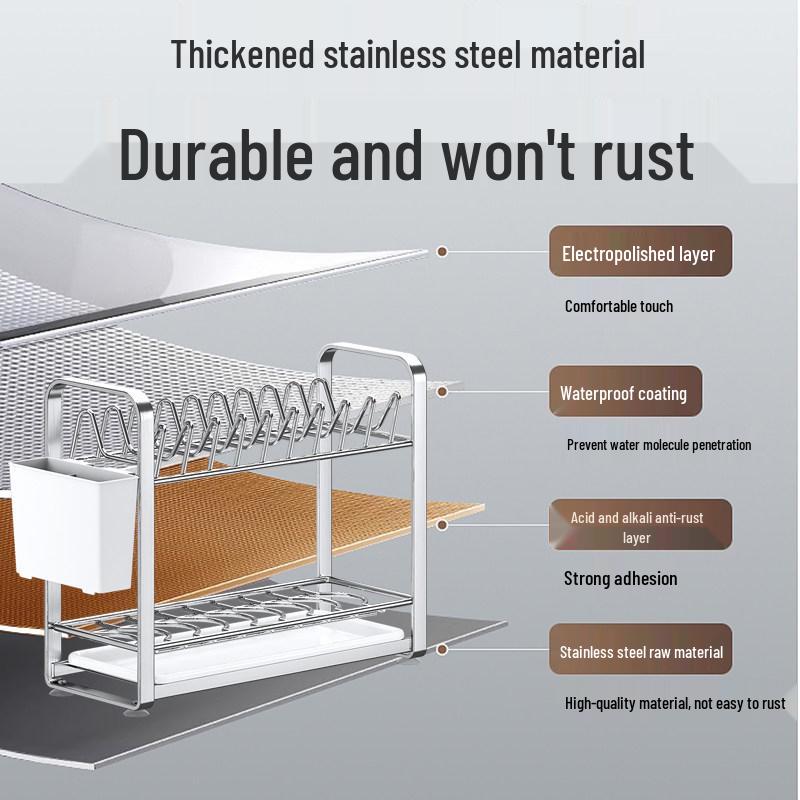 Compact Double-Layer Stainless Steel Dish Rack for Kitchen Countertop