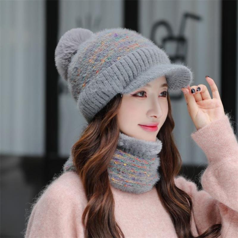 Female winter personalized hat scarf two-piece set fashionable hairball warm and comfortable round hat top adult knitted hat