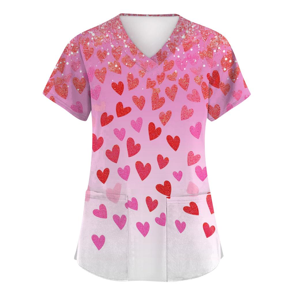 Women's Fashion Short-Sleeve Valentine's Day Print V-Neck Pocket Workwear Top