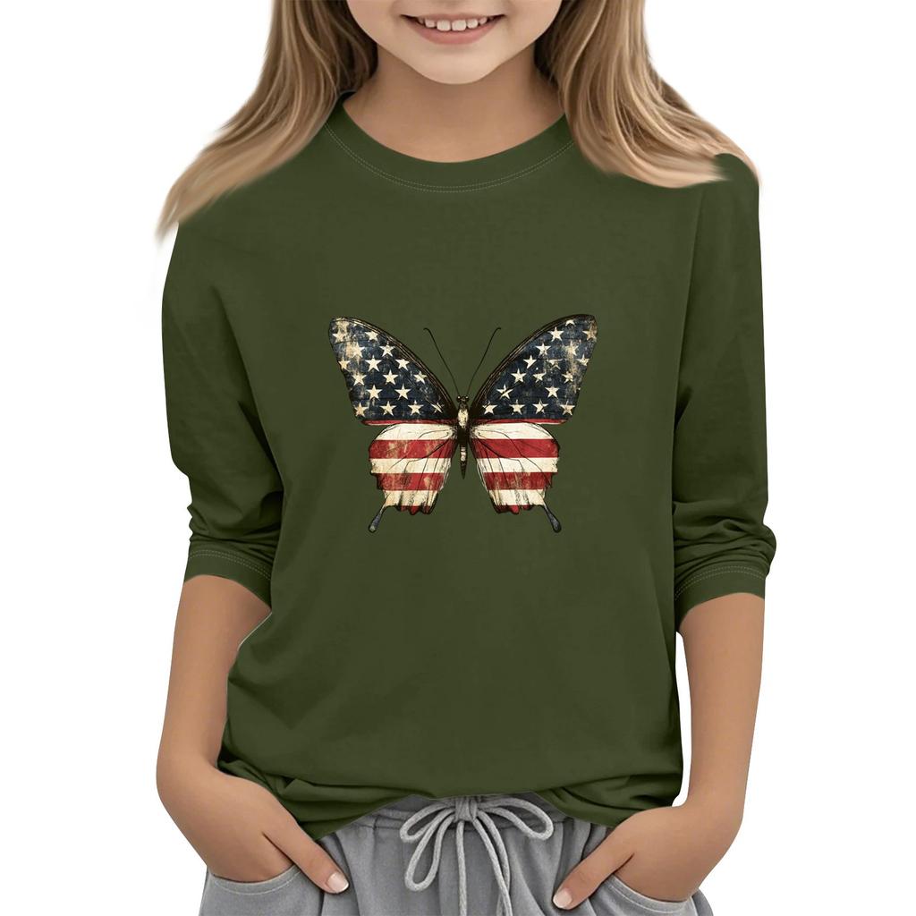 Children's Round-Neck Independence Day Three-Quarter Sleeve Casual T-shirt Top
