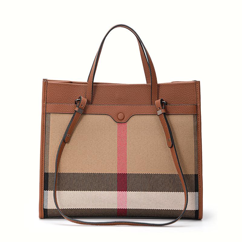 Aidrani Classic Plaid Women's Bag, Large Capacity Portable Shoulder Bag, Canvas Patchwork Cowhide, Square Handbag