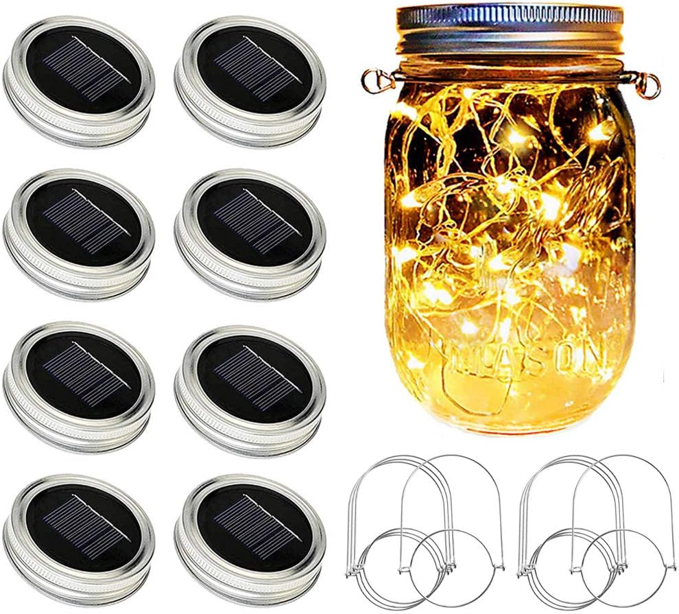 Solar Mason Jar Lights 8 Pack 30 LEDS Waterproof Fairy Firefly Jar Lids String Light for Patio Yard Garden Decor Lamp (NO JARS)