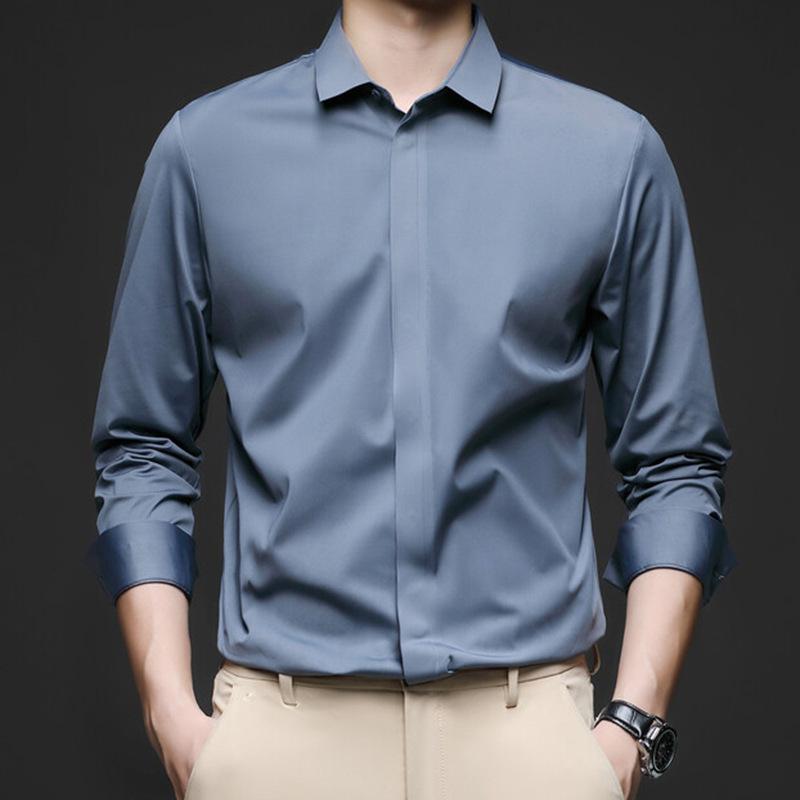 Frühling und Herbst Neue Herren Einfarbig Dunkle Knopfleiste Langarmhemd Business Casual Dünnes Hemd Stretchhemd