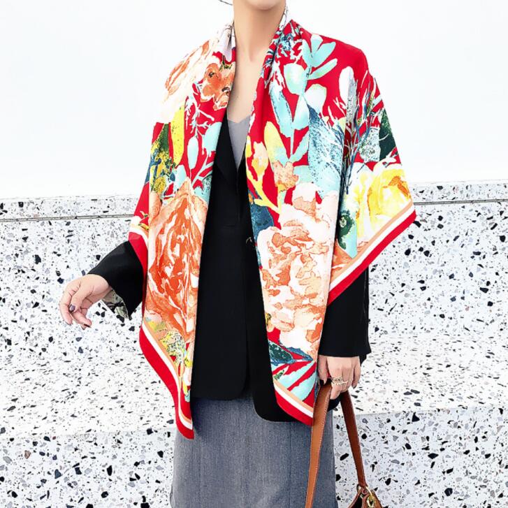 Women Twill Silk Shawl Large Square Scarf 130*130cm Rose Floral Design Oversize Scarves Lady Gifts Present Scarves