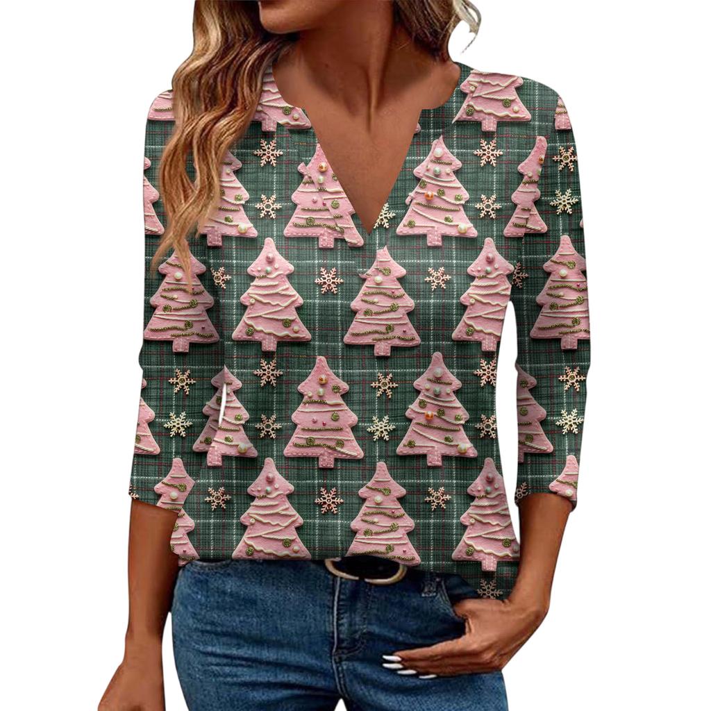 Women's Casual Fashionable Sexy Comfortable V-Neck Christmas Three-Quarter Sleeve Top