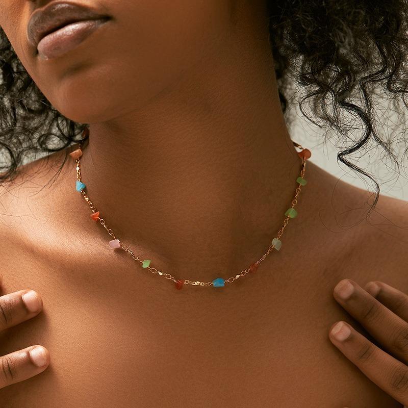 Boho Colorful Crystal Beaded Gold Plated Clavicle Necklace For Women