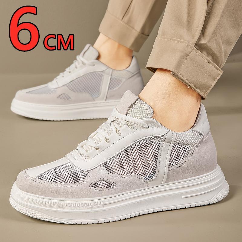 New Breathe Height Increasing Shoes for Men 6cm Invisible Elevator Sneakers White Leather/Mesh Lift Sports Zapatillas De Hombre
