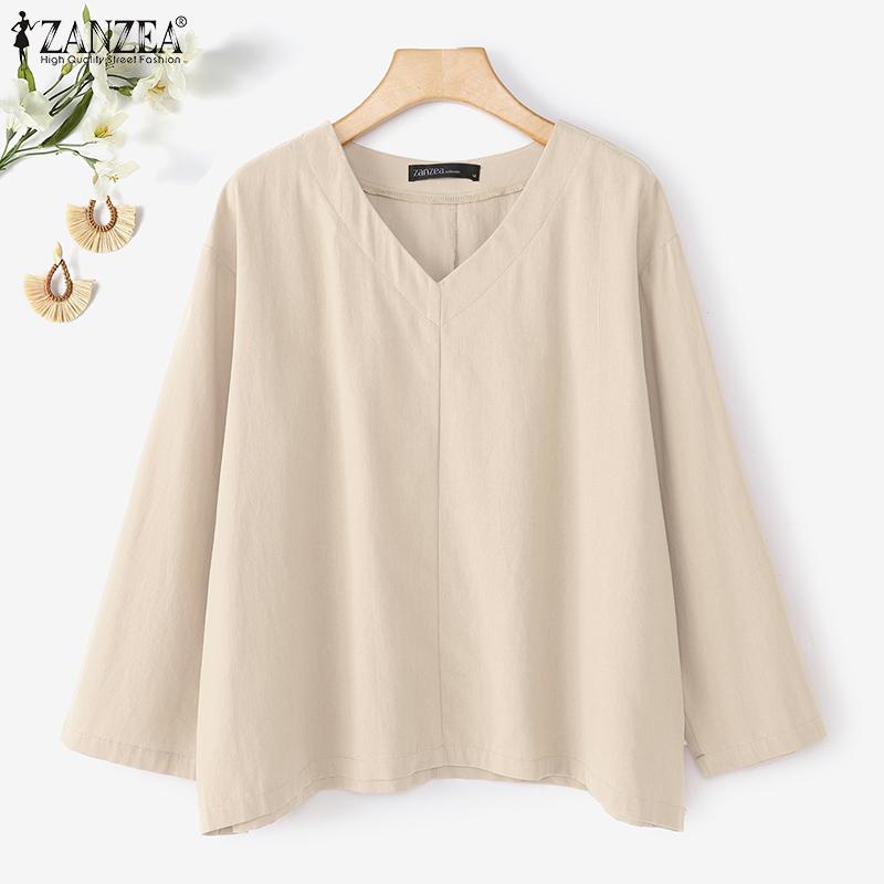 ZANZEA Women Loose Casual V-Neck Solid Color 3/4 Sleeve Cotton Blouse